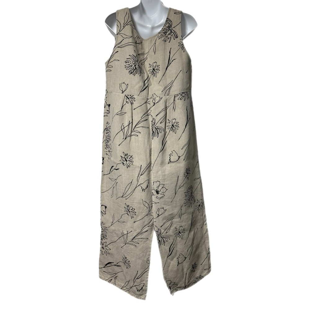 Vtg John Paul Richard Sleeveless Linen Artsy Lagenlook Tan Flower Maxi Dress M - Picture 4 of 7